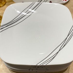 Set of 4 Corelle Sketch Square 10.5”Dinner Plates White Black Lines